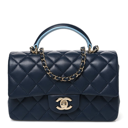Chanel Lambskin Quilted Bi-Color Mini Top Handle Rectangular Flap Navy Blue Light Blue 1 of 11