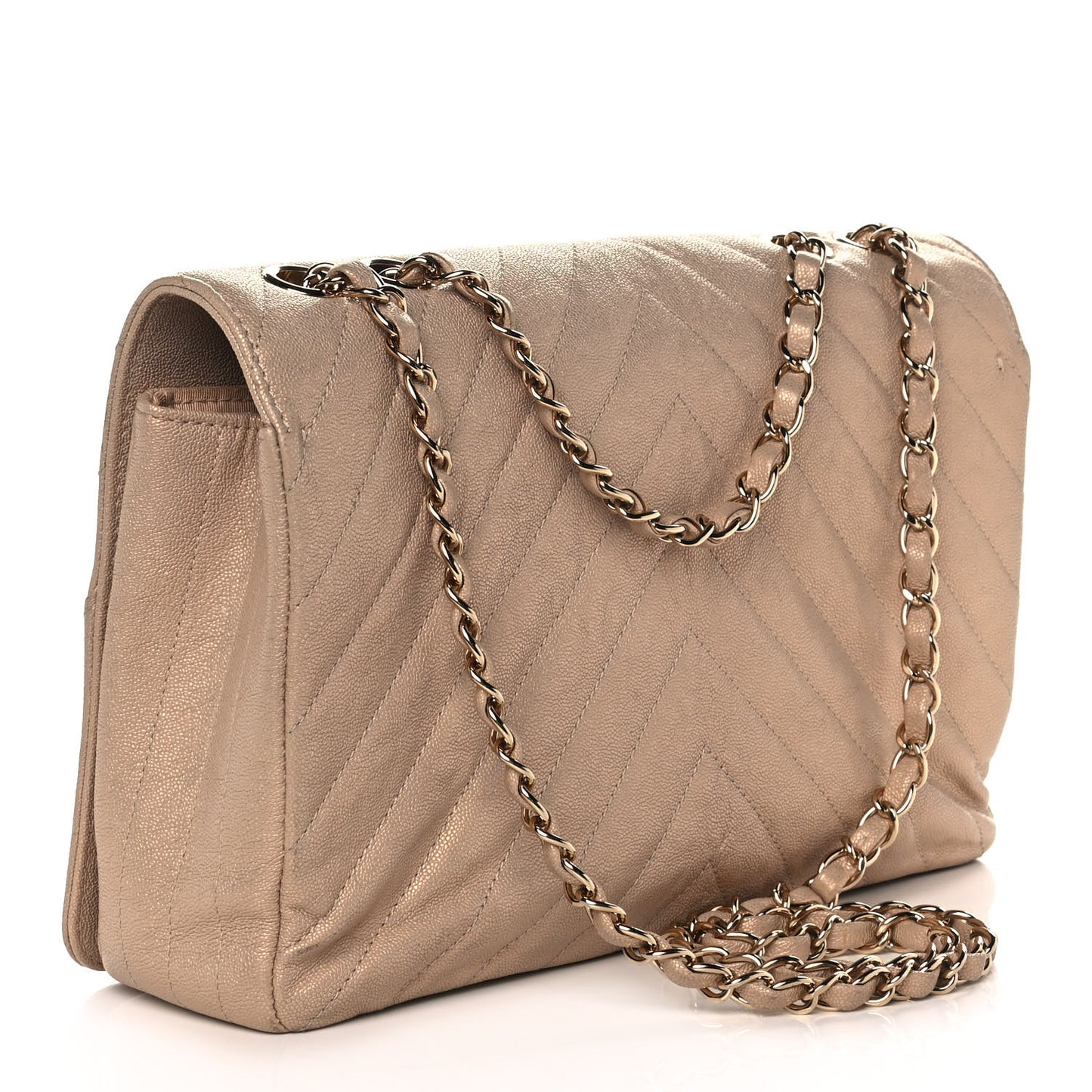 Metallic Caviar Chevron Quilted Medium Statement Flap Beige