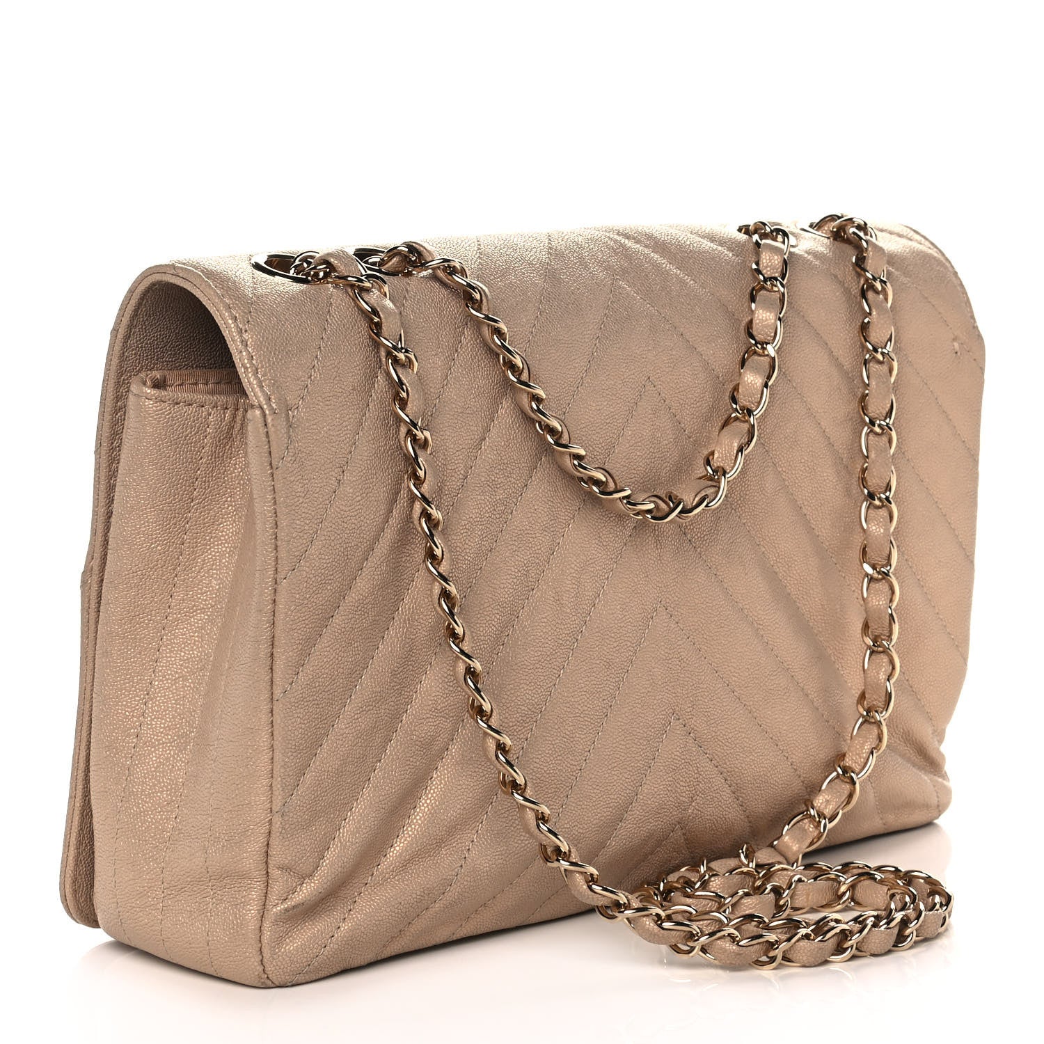 Chanel Metallic Caviar Chevron Quilted Medium Statement Flap Beige 3 of 12