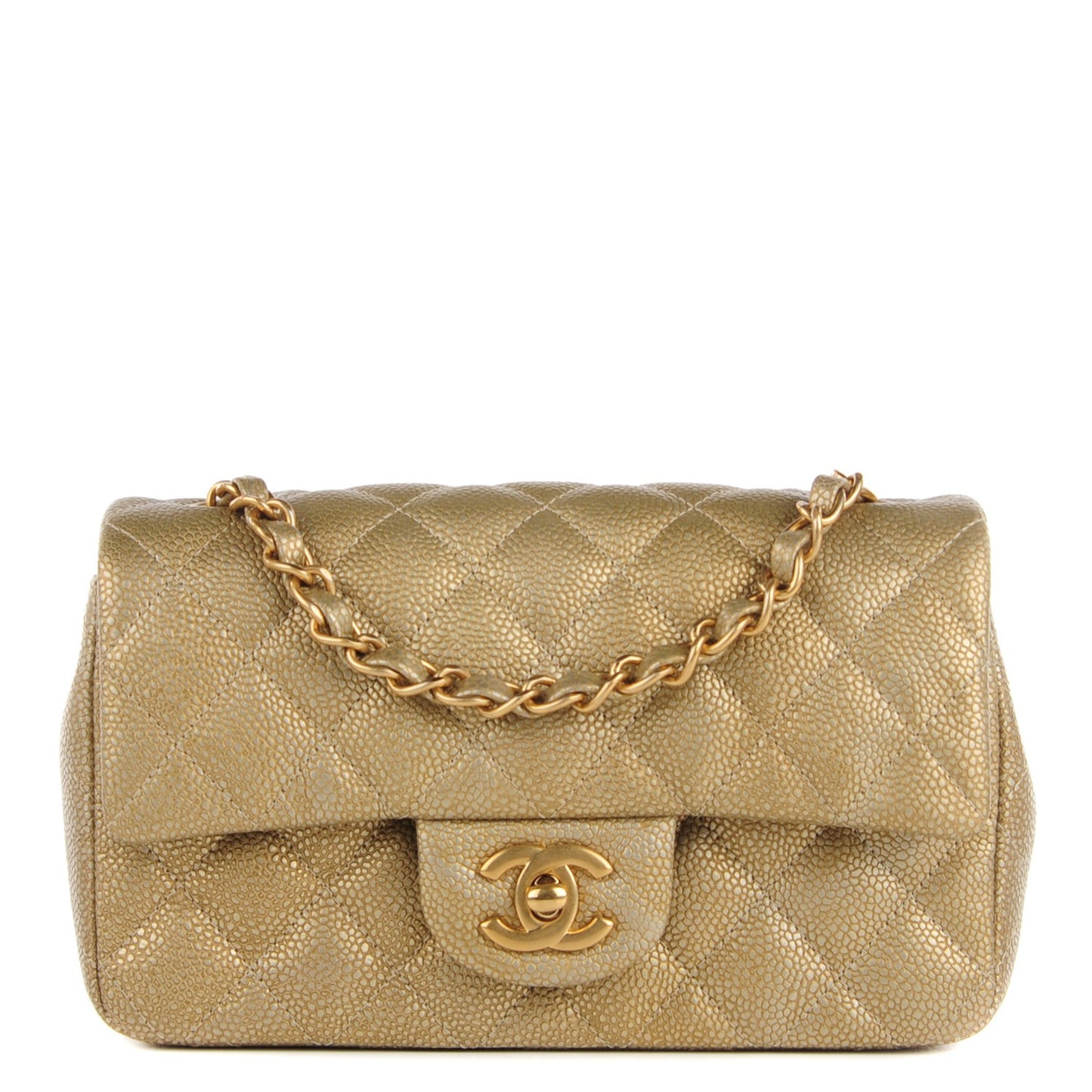Pearly Caviar Quilted Mini Rectangular Flap Gold