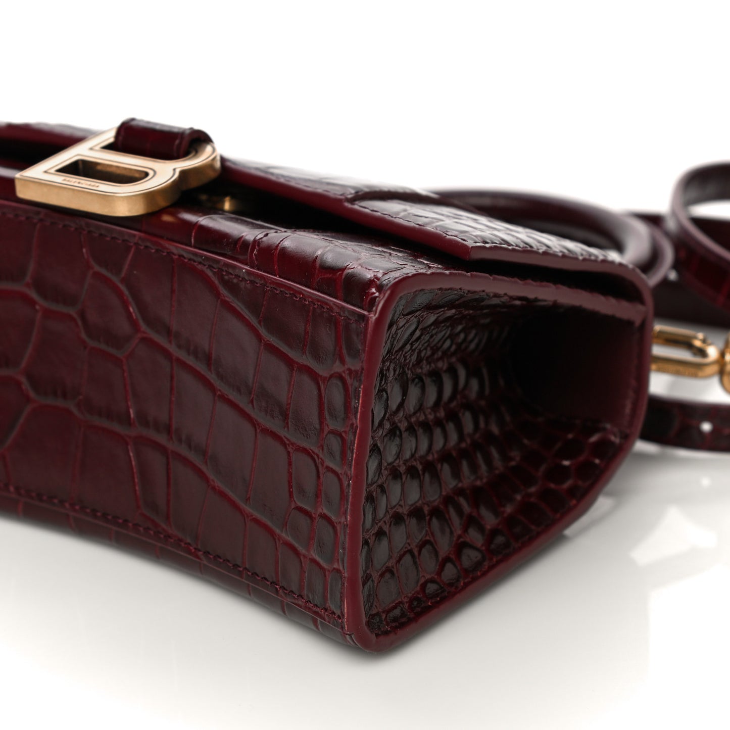 Shiny Calfskin Crocodile Embossed Hourglass Top Handle Bag XS Dark Red