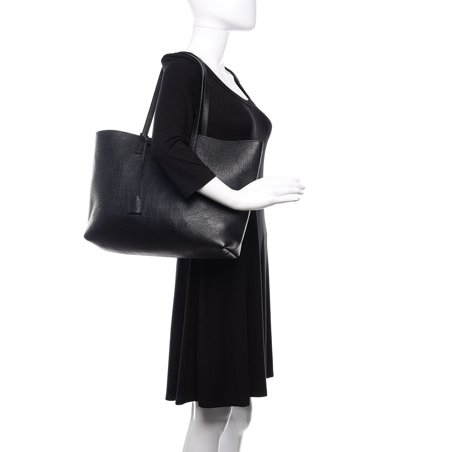 Calfskin Crocodile Embossed Large Shopper Tote Black