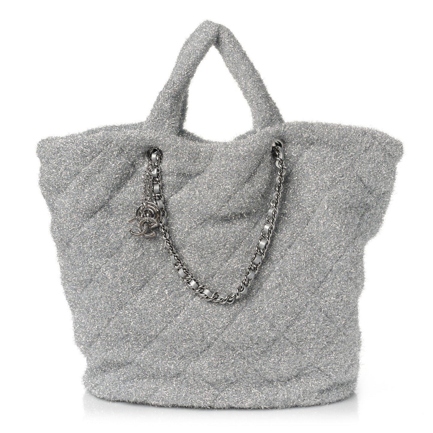 Knit Metallic Lambskin Large Shopping Tote Silver