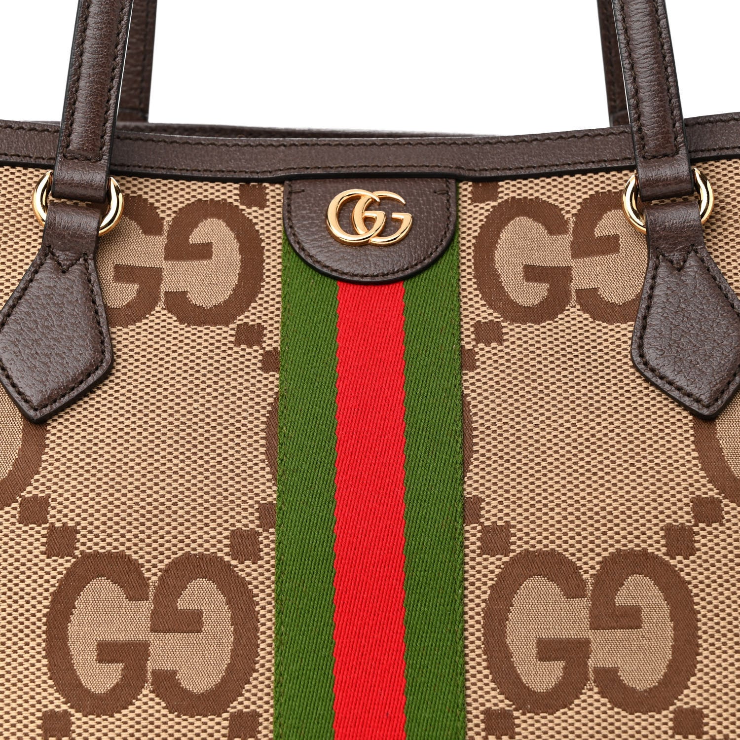 Gucci Monogram Jumbo GG Textured Dollar Calfskin Web Medium Ophidia Shopping Tote Camel Ebony 7 of 9