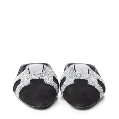 Hermes Suede Goatskin Crystal Roxane Mules 38 Gris Argente Black 2 of 8