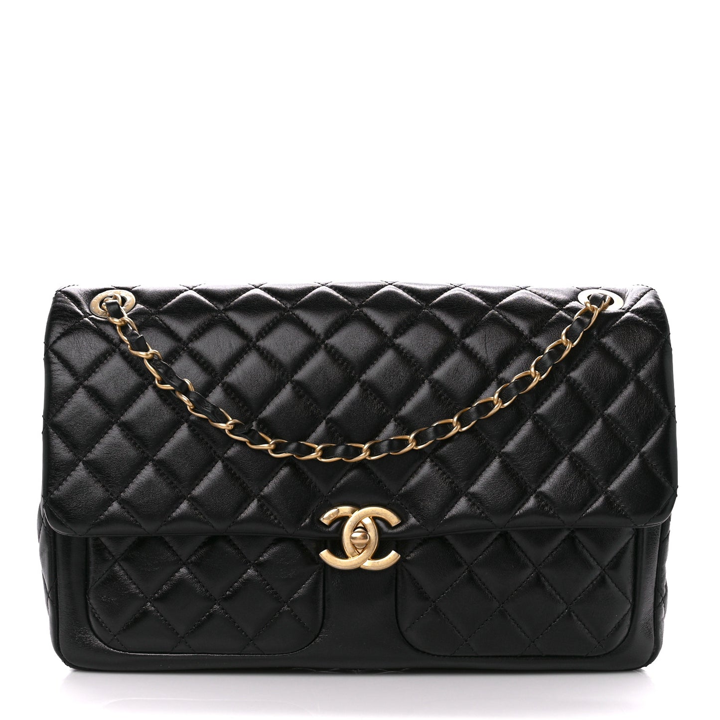 Shiny Lambskin Quilted Pocket Flap Black