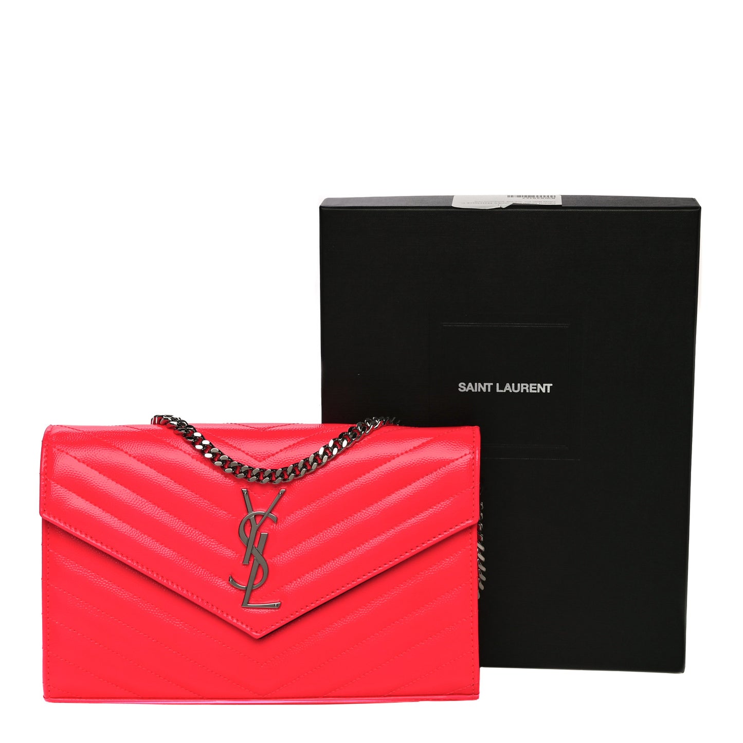 Patent Grain De Poudre Matelasse Chevron Monogram Chain Wallet Neon Pink