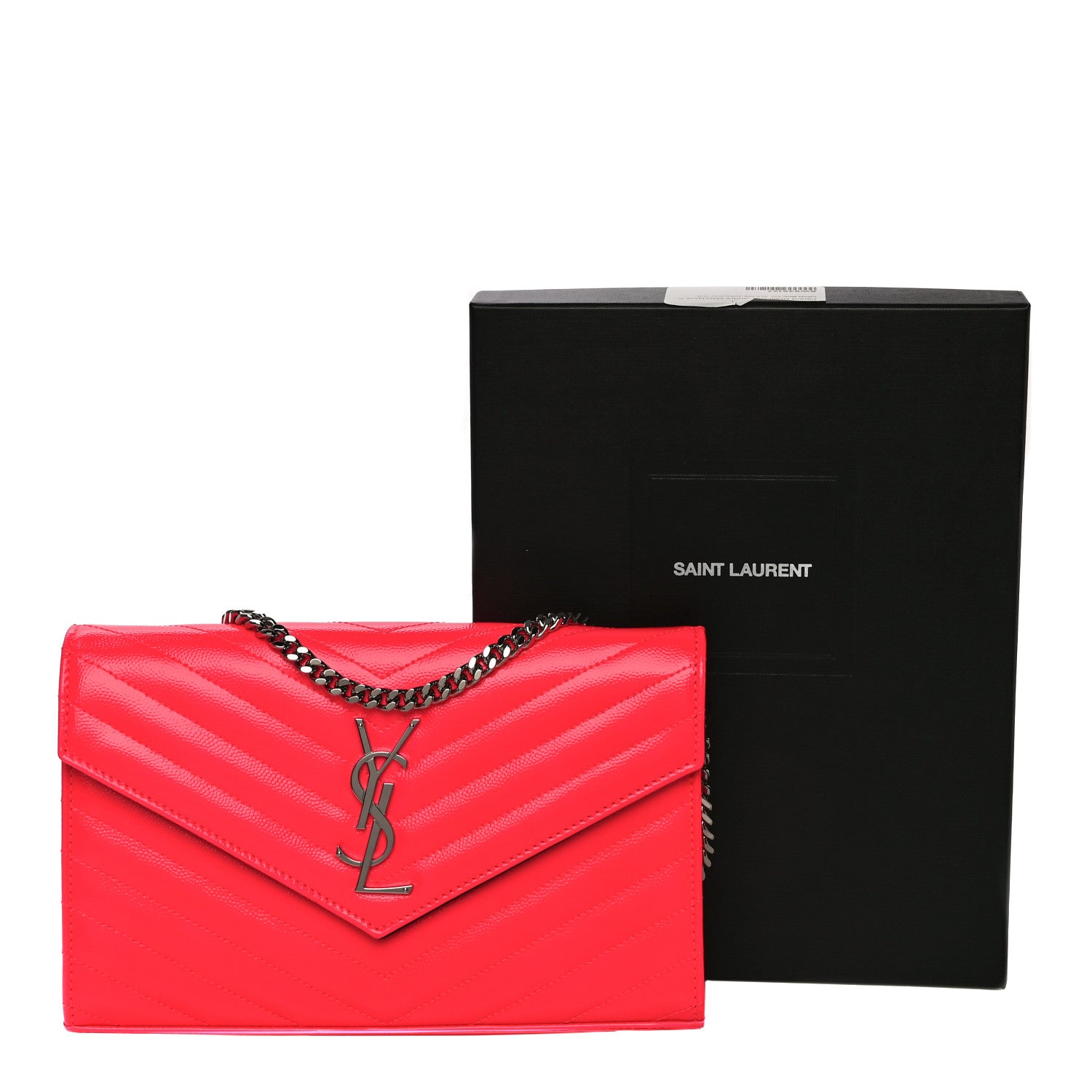 Saint Laurent Patent Grain De Poudre Matelasse Chevron Monogram Chain Wallet Neon Pink 12 of 12
