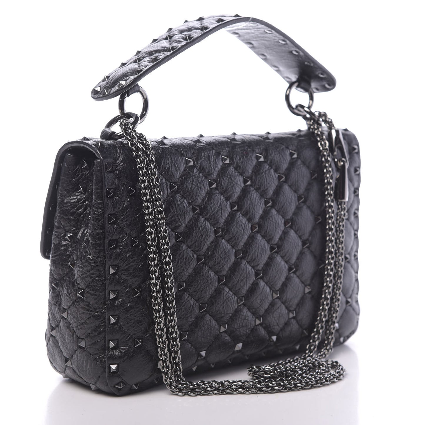 Craquele Nappa Medium Rockstud Spike Shoulder Bag Black