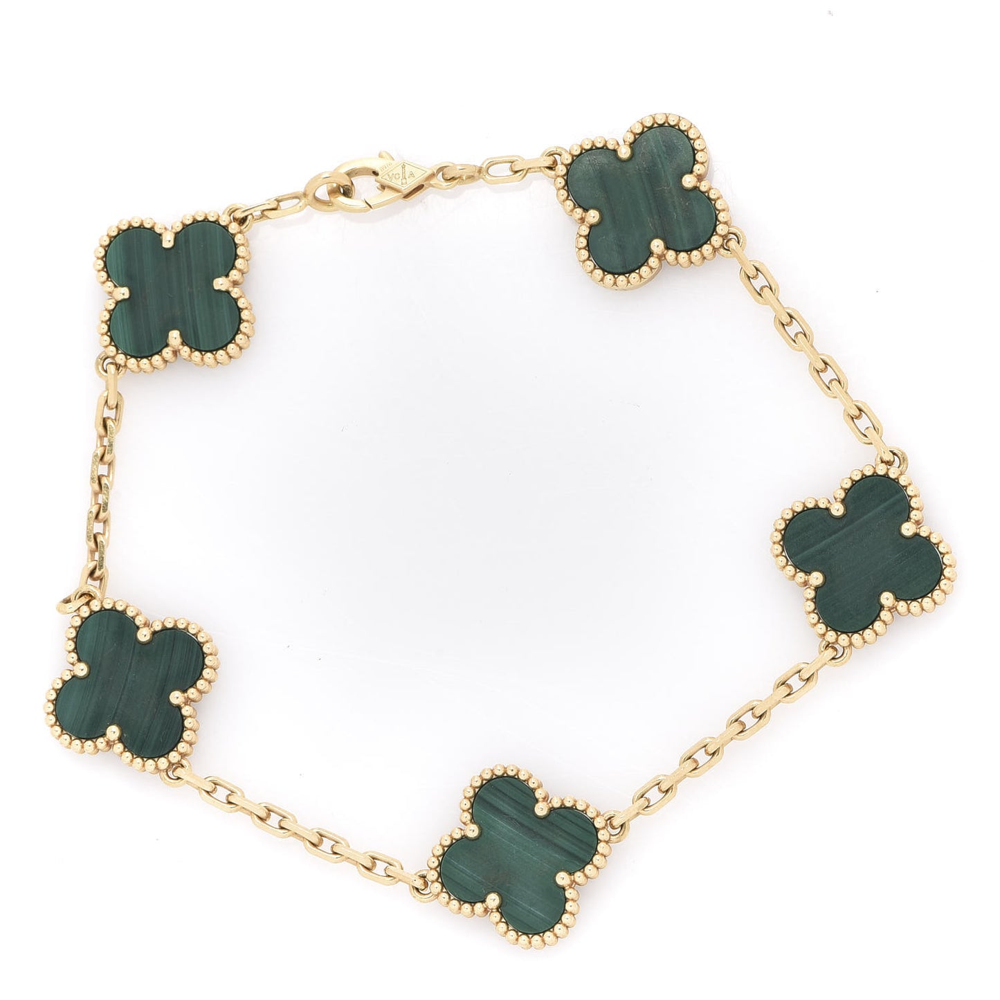 18K Yellow Gold Malachite 5 Motifs Vintage Alhambra Bracelet