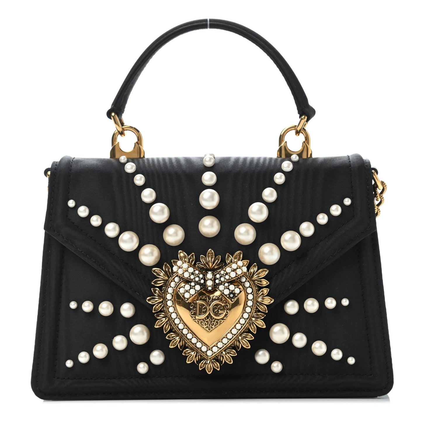 Moire Pearl Embellished Small Devotion Top Handle Bag Black