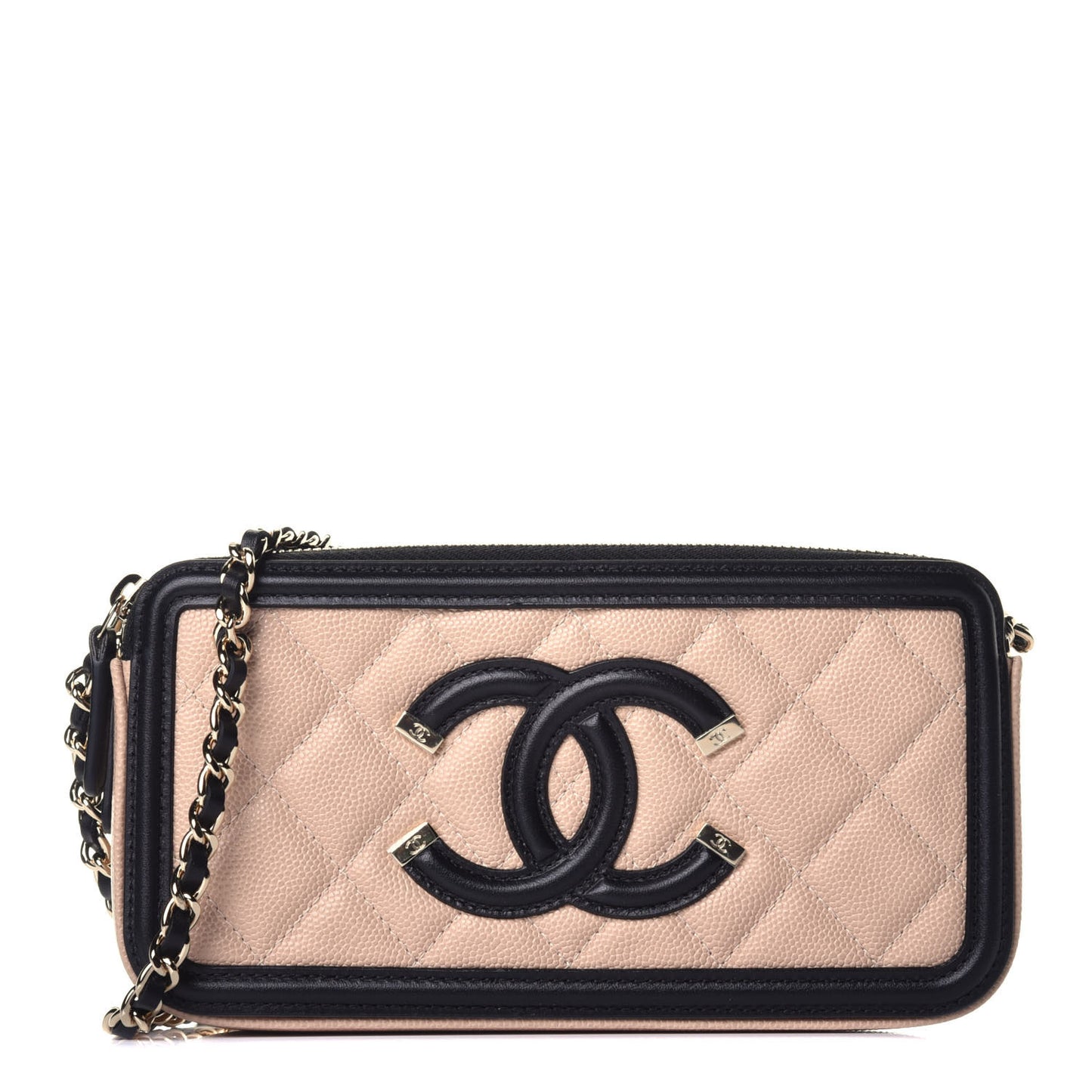 Caviar Quilted CC Filigree Clutch With Chain Beige Black