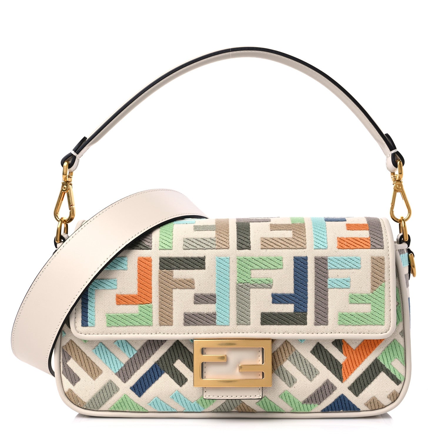 Fendi Canvas Vitello Seta FF Multicolor Embroidered Baguette Grezzo Multicolor Latte 1 of 9