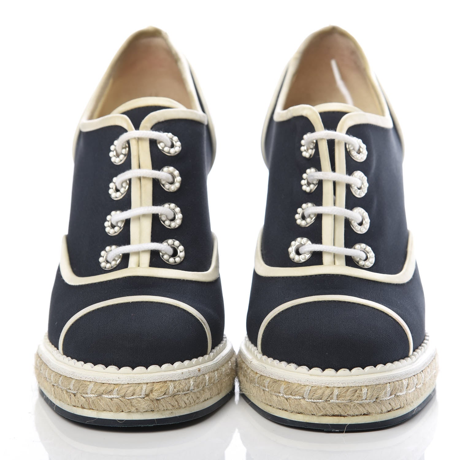 Chanel Raffia Lace Up Wedge Espadrilles 36 Grey Navy 2 of 12