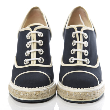 Chanel Raffia Lace Up Wedge Espadrilles 36 Grey Navy 2 of 12