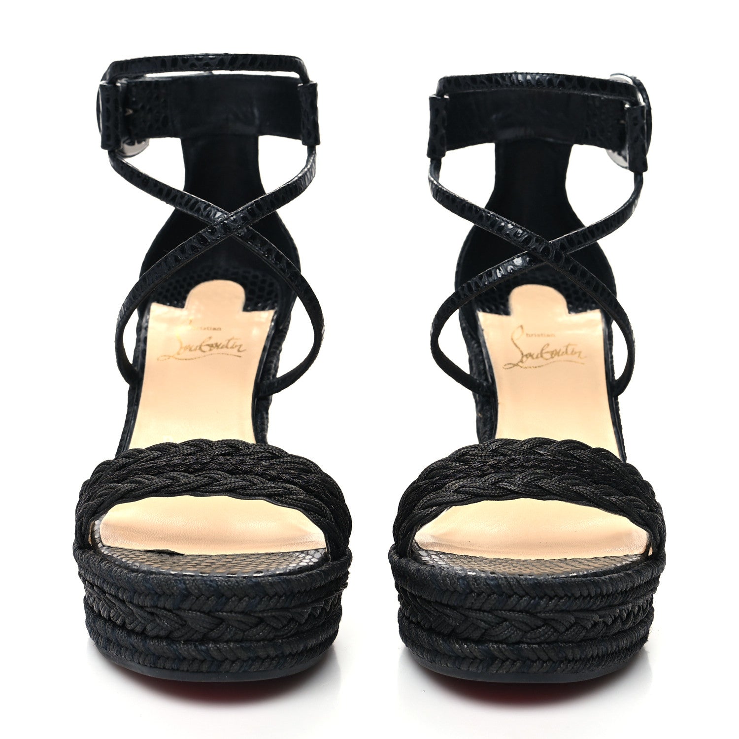 Christian Louboutin Cotton Braided Calfskin Bodrum 110 Wedge Sandals 37 Black 2 of 8