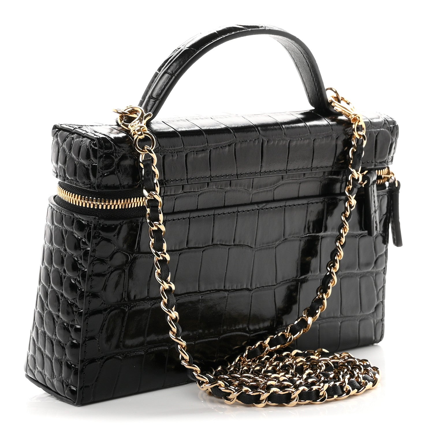 Chanel Calfskin Crocodile Embossed Crococo Top Handle Slim Vanity Case With Chain Black 3 of 11