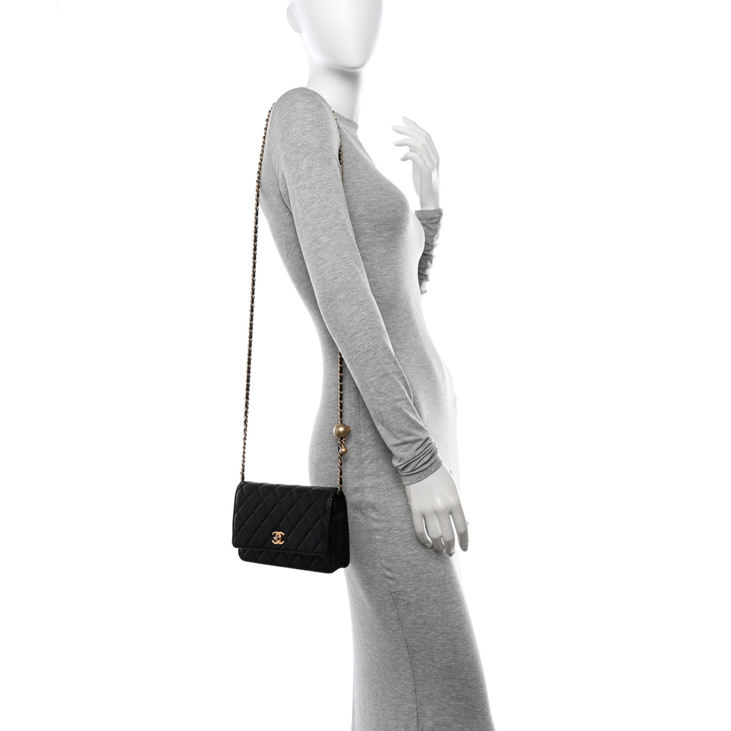 Lambskin Quilted CC Pearl Crush Wallet on Chain WOC Black