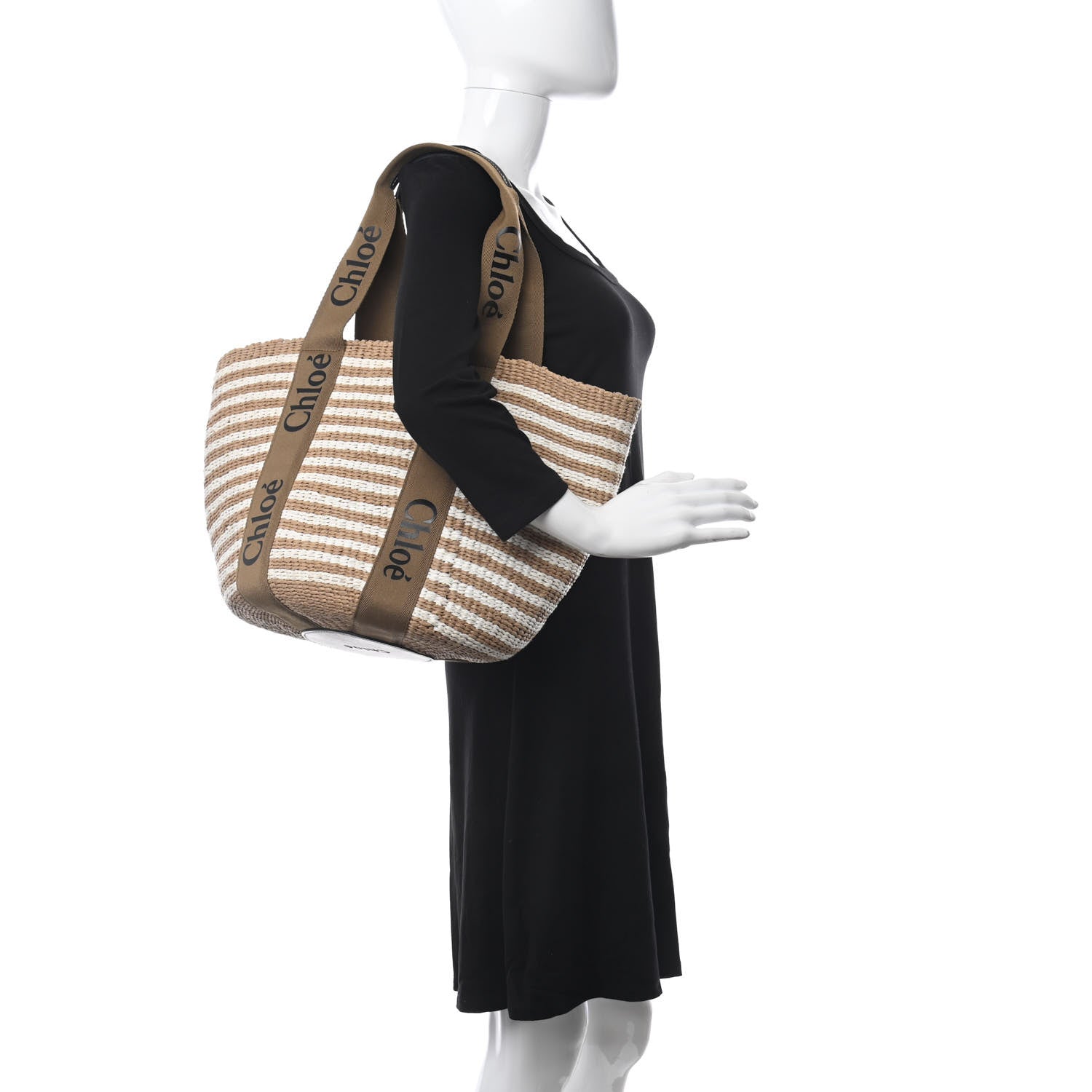 Chloe Raffia Calfskin Large Woody Striped Basket Bag Brown 3 of 9