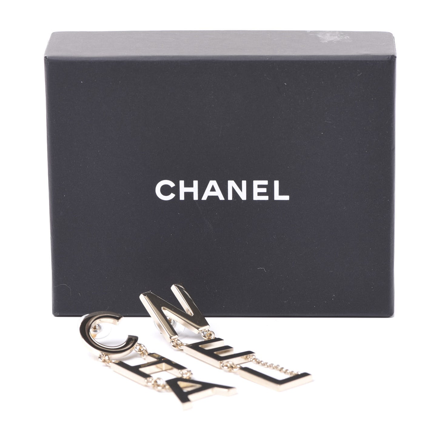 Metal Cha-Nel Logo Drop Earrings Gold