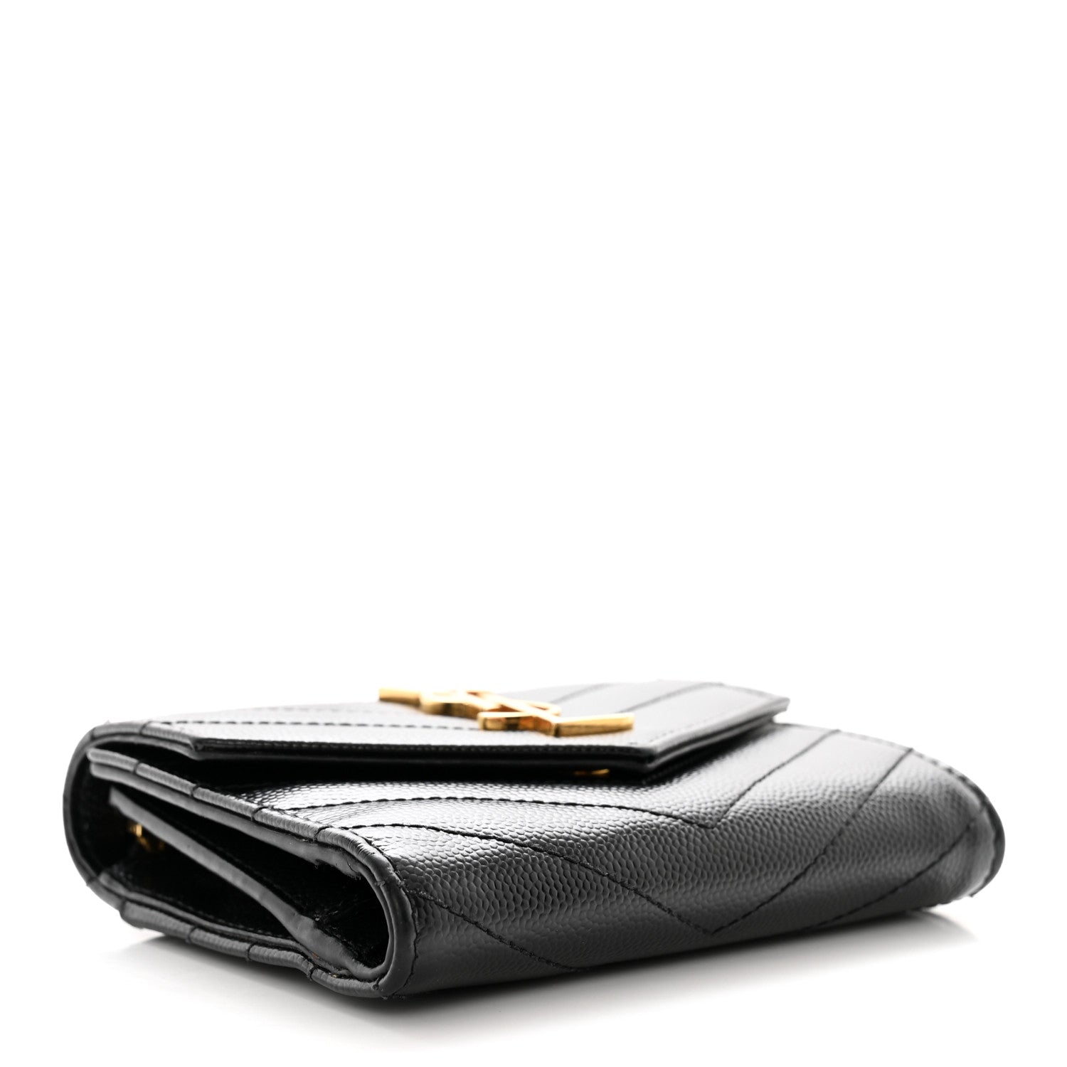Saint Laurent Grain De Poudre Matelasse Chevron Monogram Compact Tri Fold Wallet Black 4 of 11