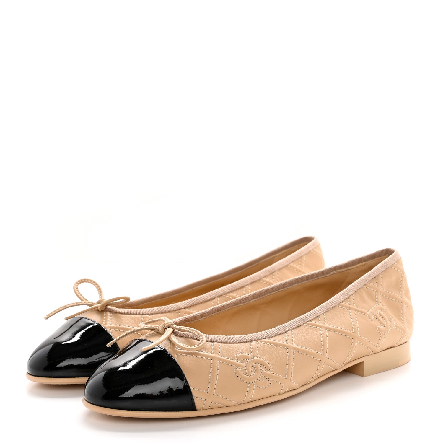 Chanel Lambskin Patent Double Stitched CC Cap Toe Ballerina Flats 38 Ivory Black 3 of 9