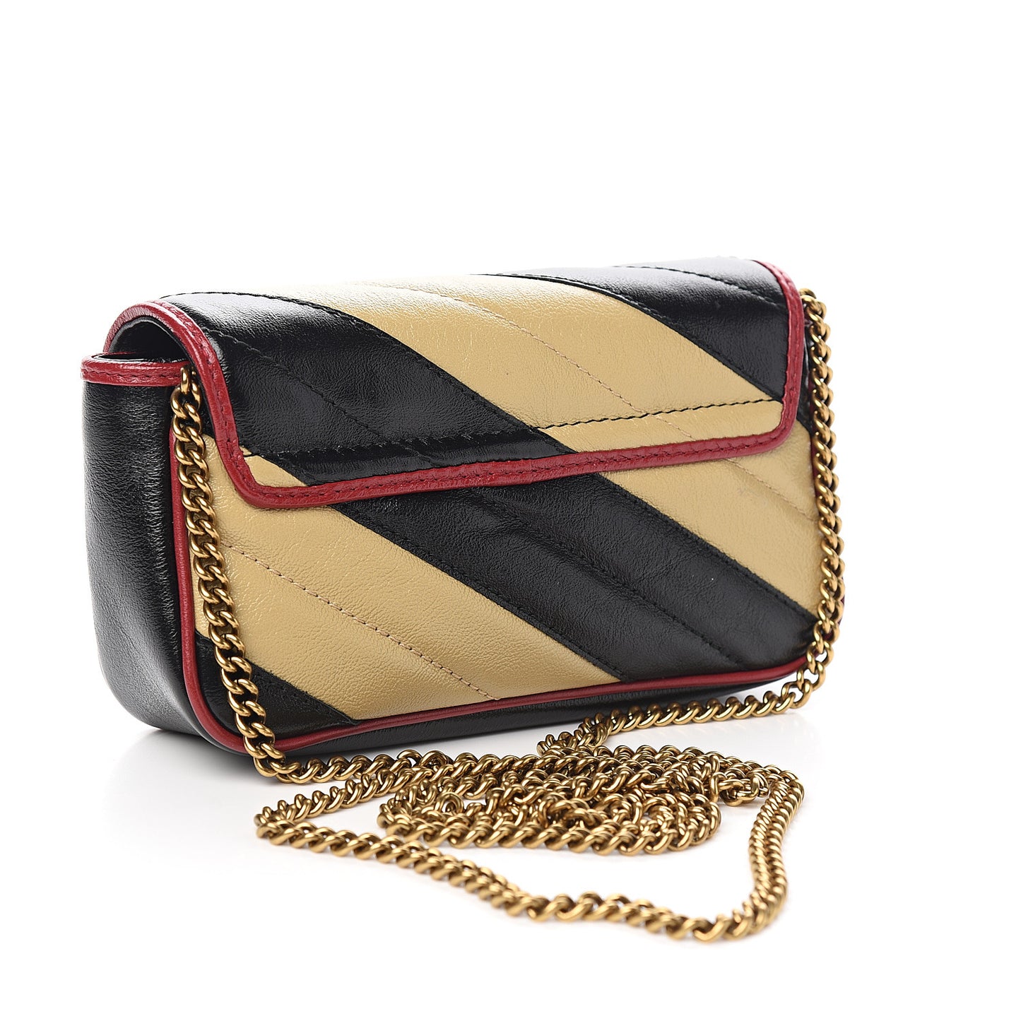 Vintage Effect Calfskin Matelasse Diagonal Striped Super Mini Torchon GG Marmont Shoulder Bag Black Beige