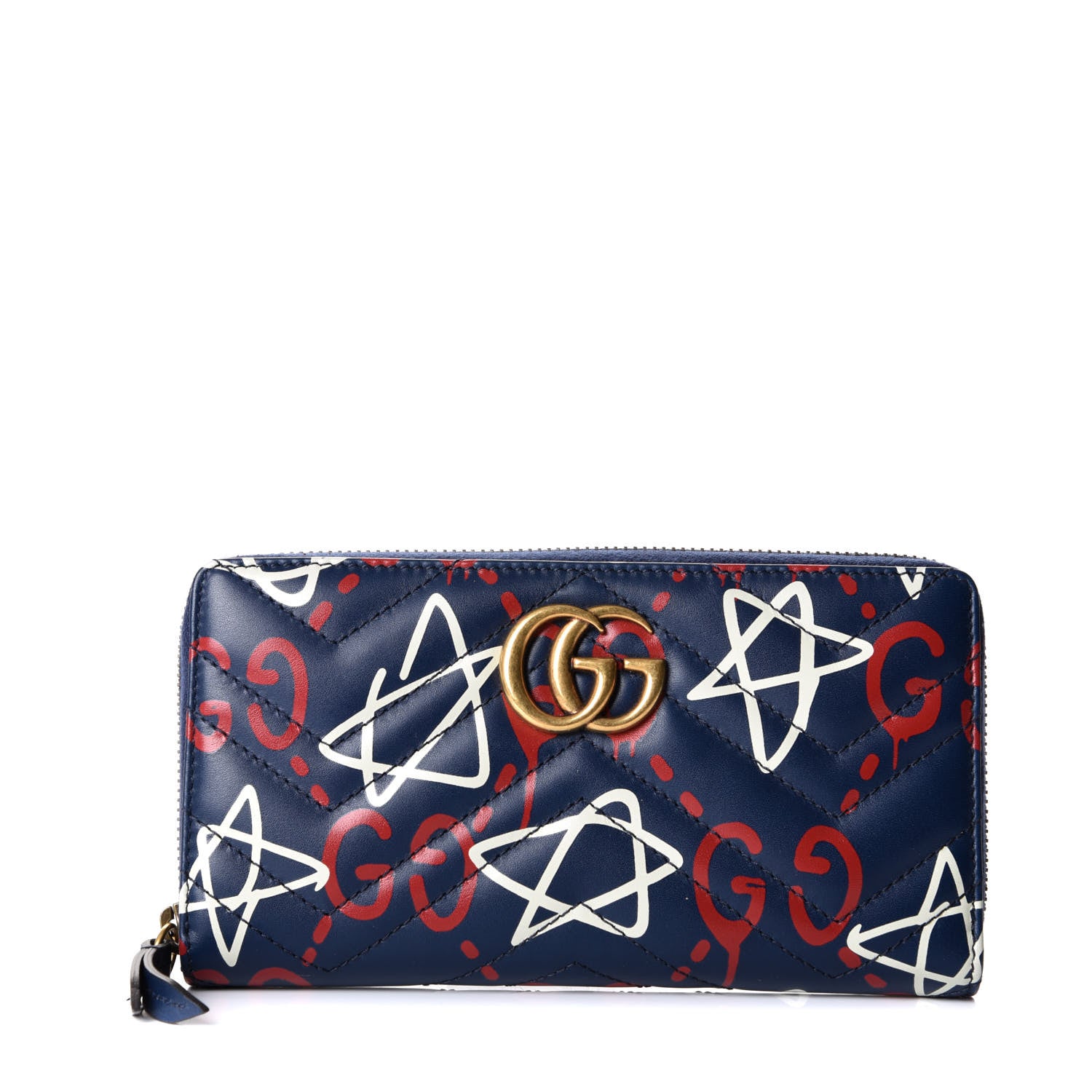 Gucci Calfskin Matelasse GucciGhost GG Marmont Zip Around Wallet Blue Agata Hibiscus Red 1 of 8