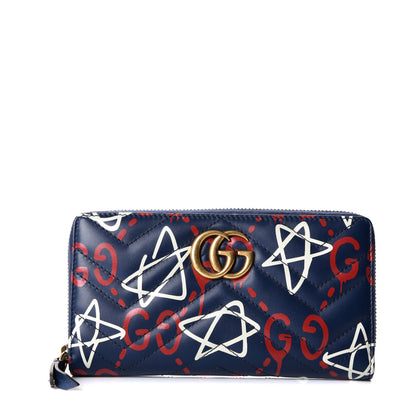 Gucci Calfskin Matelasse GucciGhost GG Marmont Zip Around Wallet Blue Agata Hibiscus Red 1 of 8