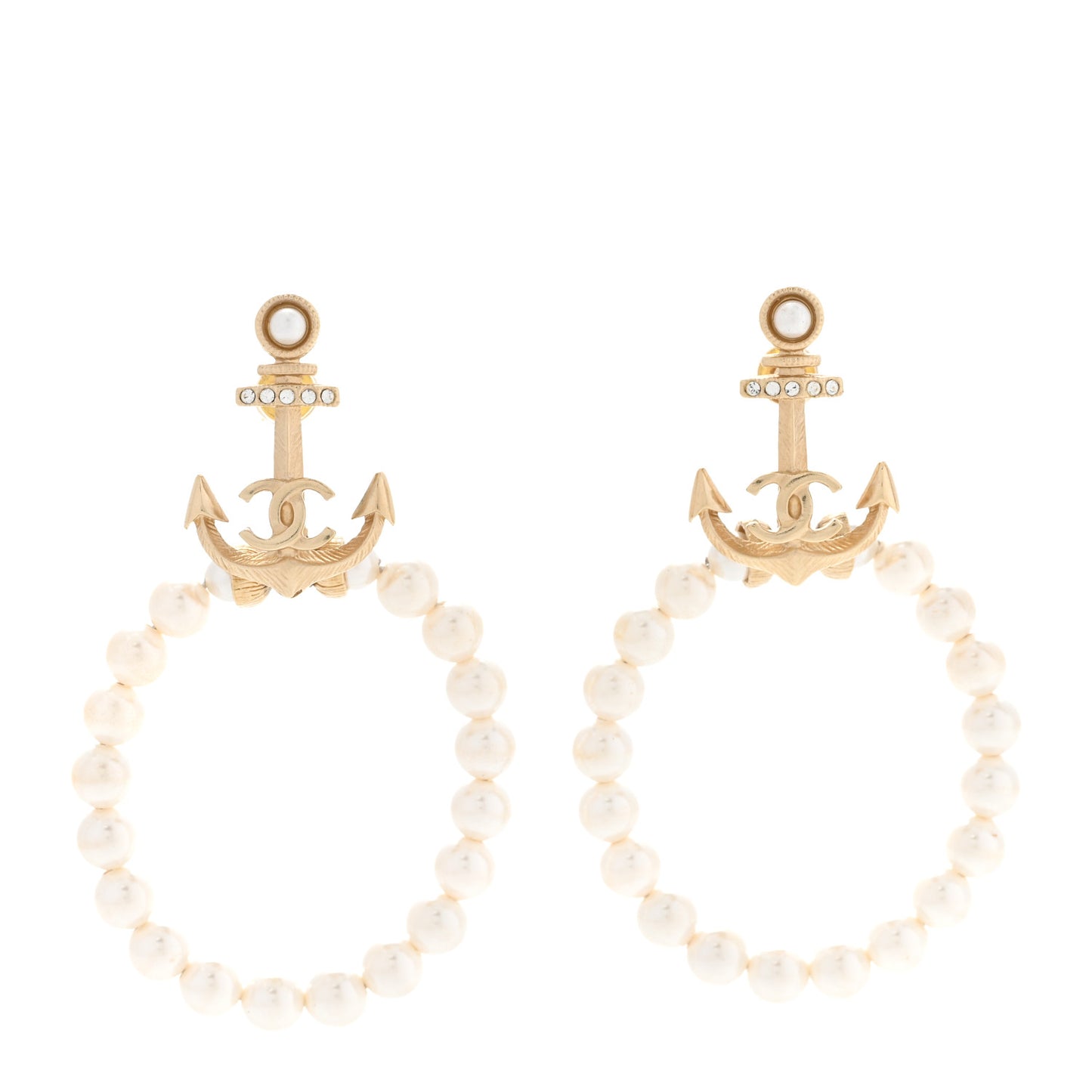Pearl Crystal Chanel Anchor CC Hoop Earrings Gold