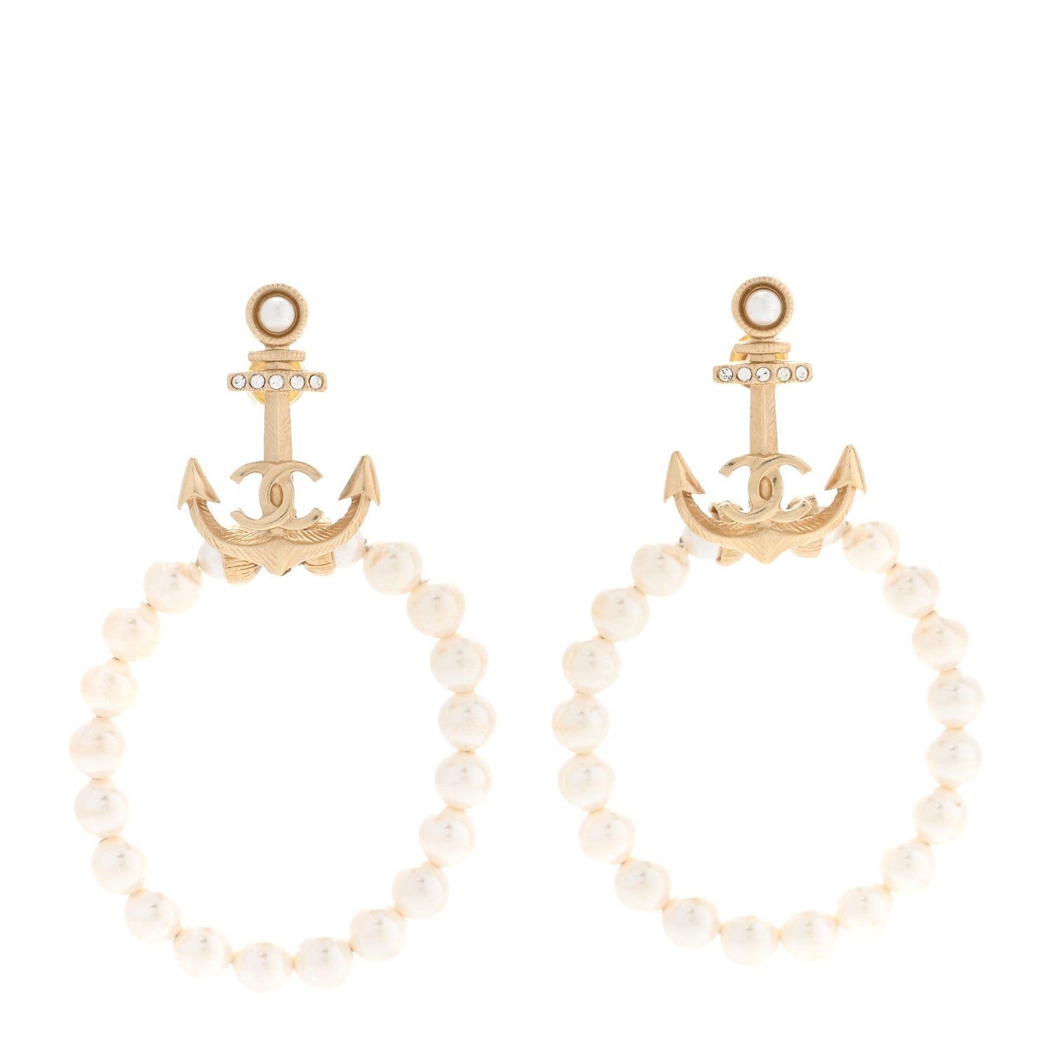 Chanel Pearl Crystal Chanel Anchor CC Hoop Earrings Gold 1 of 5
