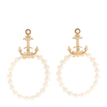 Chanel Pearl Crystal Chanel Anchor CC Hoop Earrings Gold 1 of 5