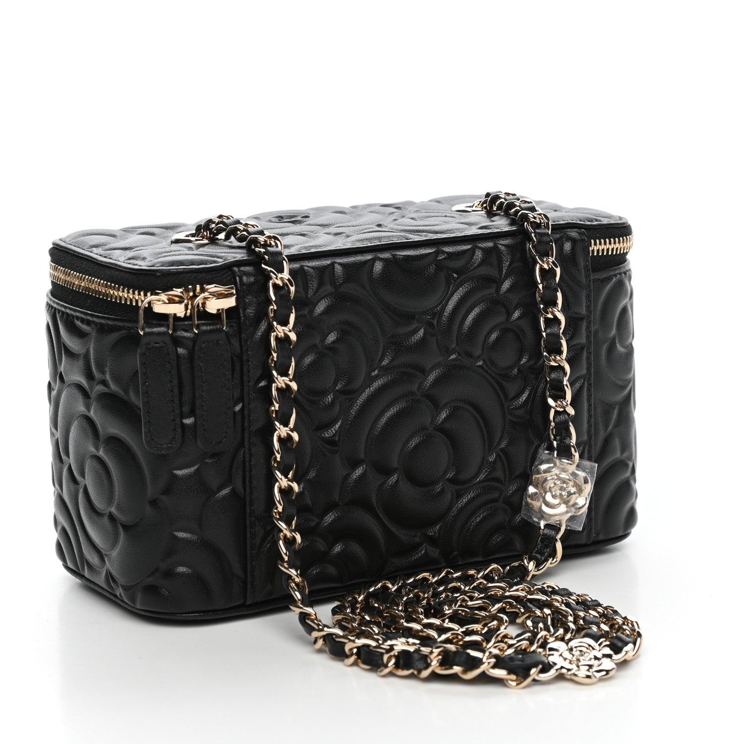Chanel Goatskin Camellia Embossed Quilted Small Vanity Case With Chain Black 3 of 10