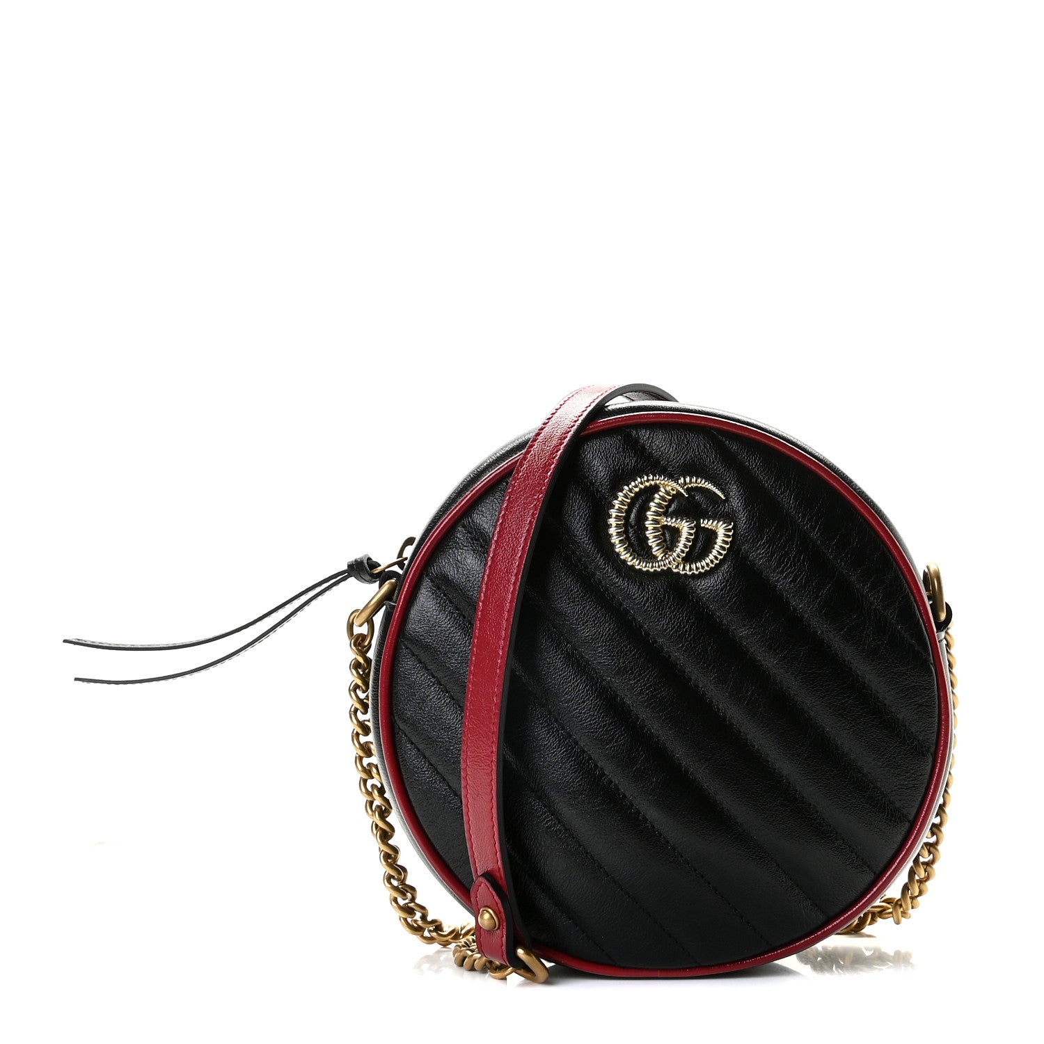 Gucci Vintage Effect Calfskin Matelasse Diagonal Mini Torchon GG Marmont Round Shoulder Bag Black Romantic Cherry 1 of 10