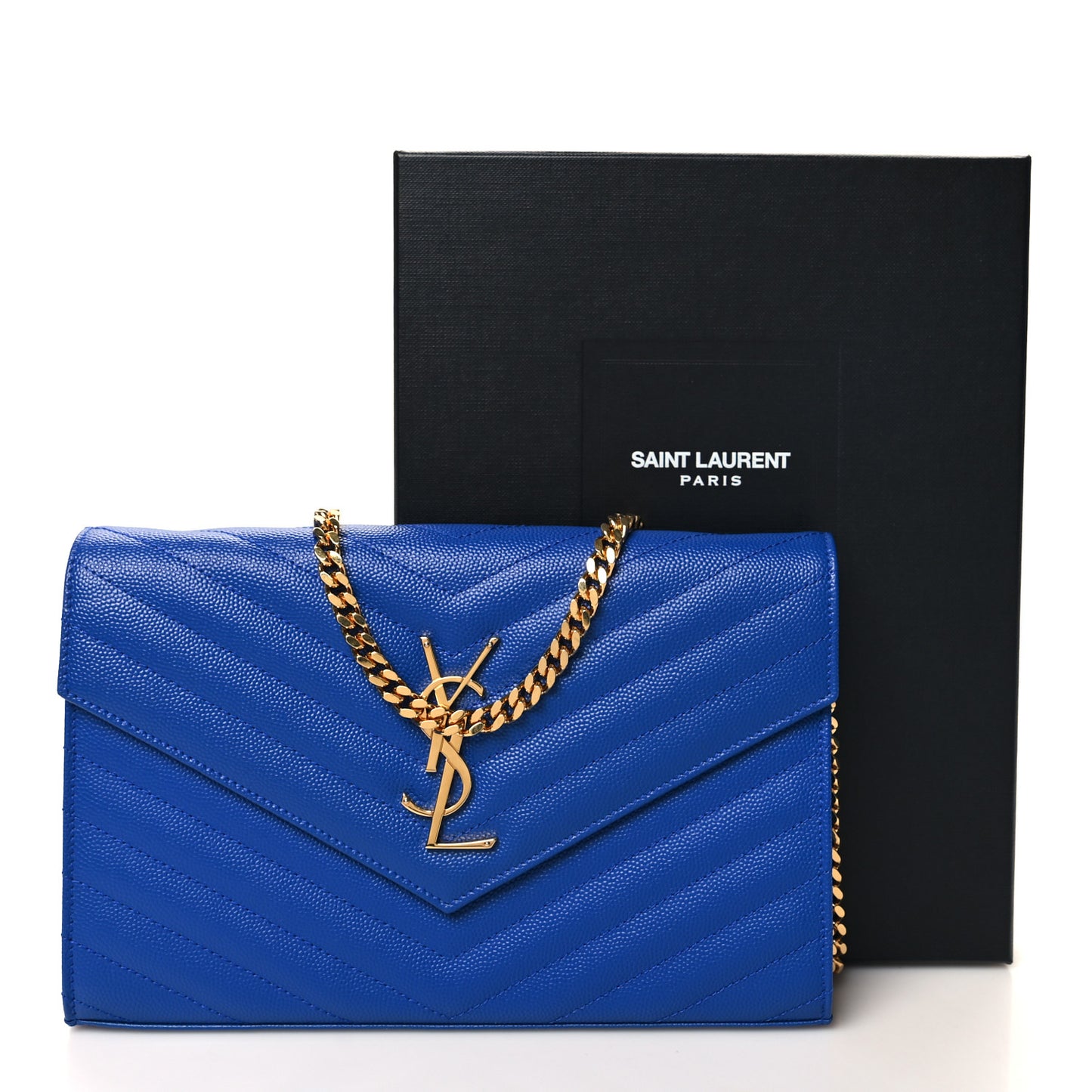Grain De Poudre Matelasse Chevron Monogram Chain Wallet Blue Majorelle