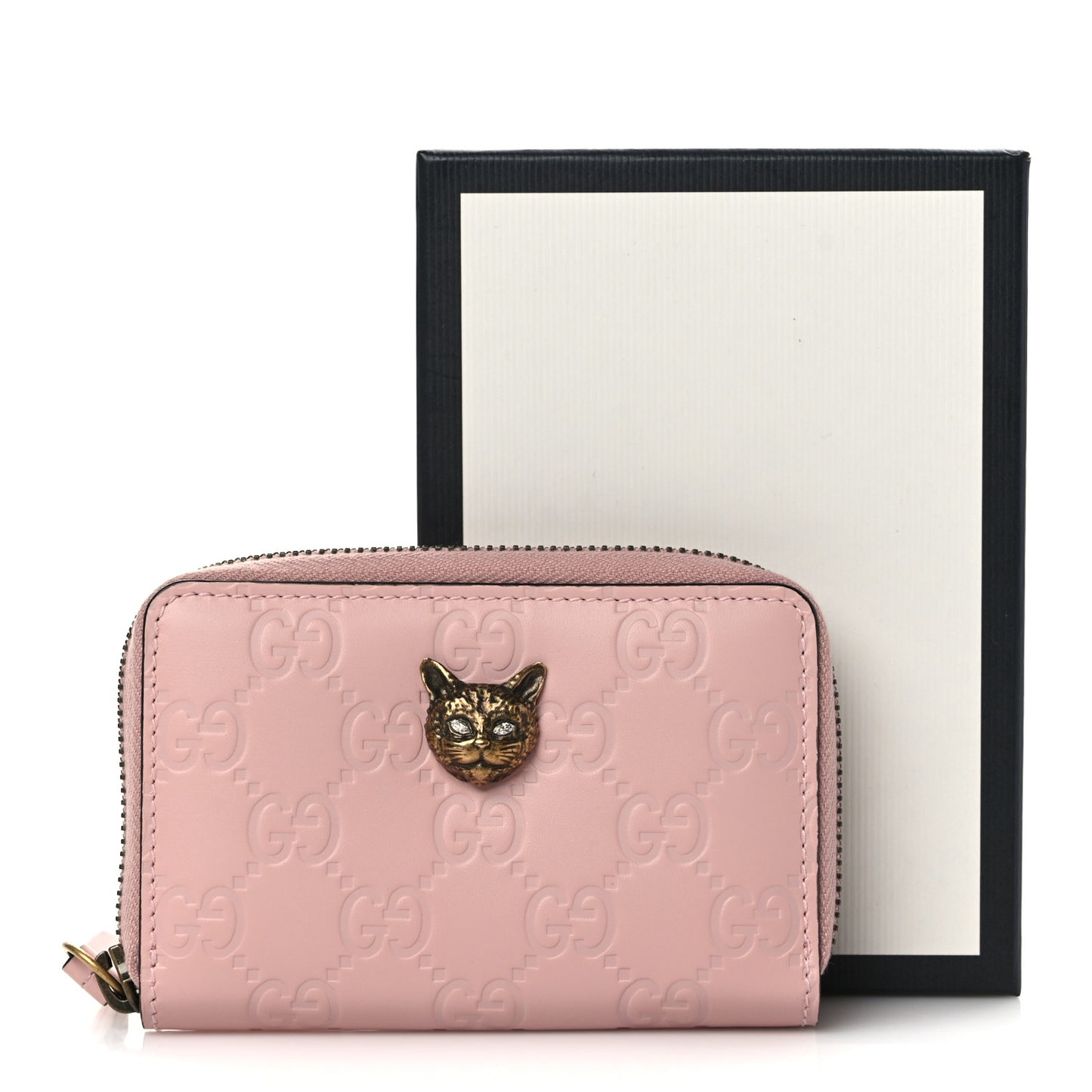 Guccissima Signature Crystal Cat Zip Around Card Case Light Candy Pink
