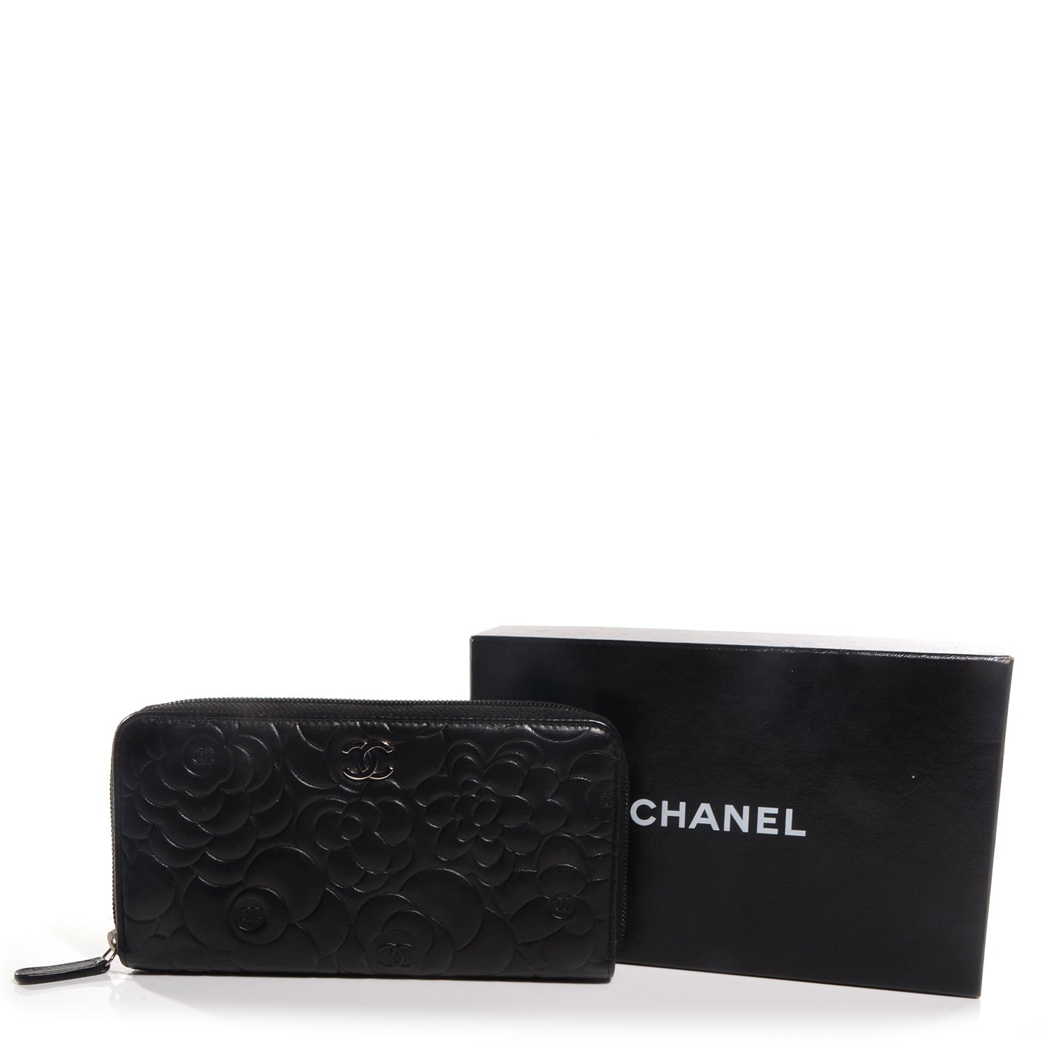 Chanel Lambskin Camellia Embossed Large Zip Around Gusset Wallet Black 5 of 9