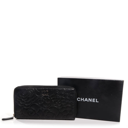 Chanel Lambskin Camellia Embossed Large Zip Around Gusset Wallet Black 5 of 9