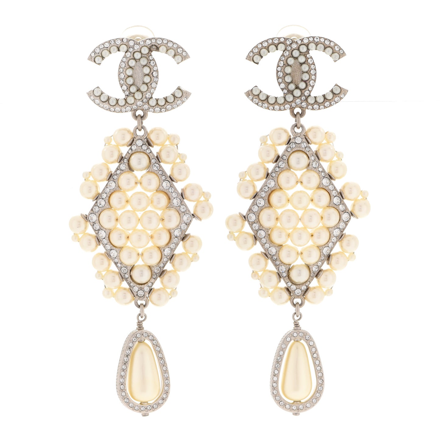 Crystal Pearl CC Drop Clip On Earrings Silver