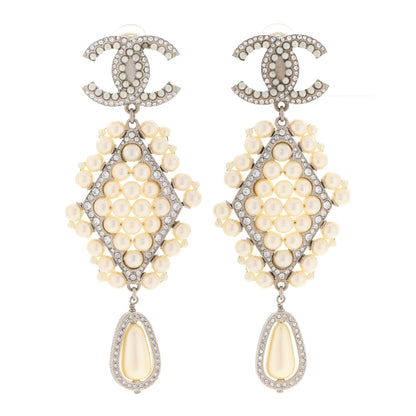 Chanel Crystal Pearl CC Drop Clip On Earrings Silver 1 of 5