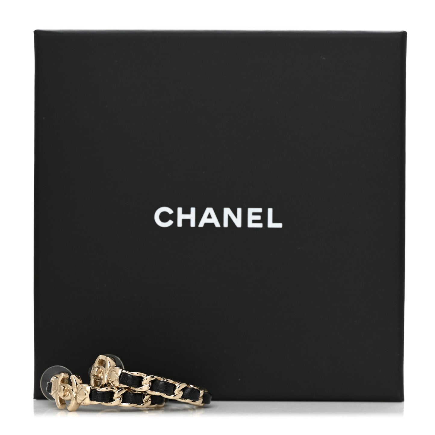 Metal Lambskin Quilted CC Turnlock Chain Hoop Earrings Gold Black