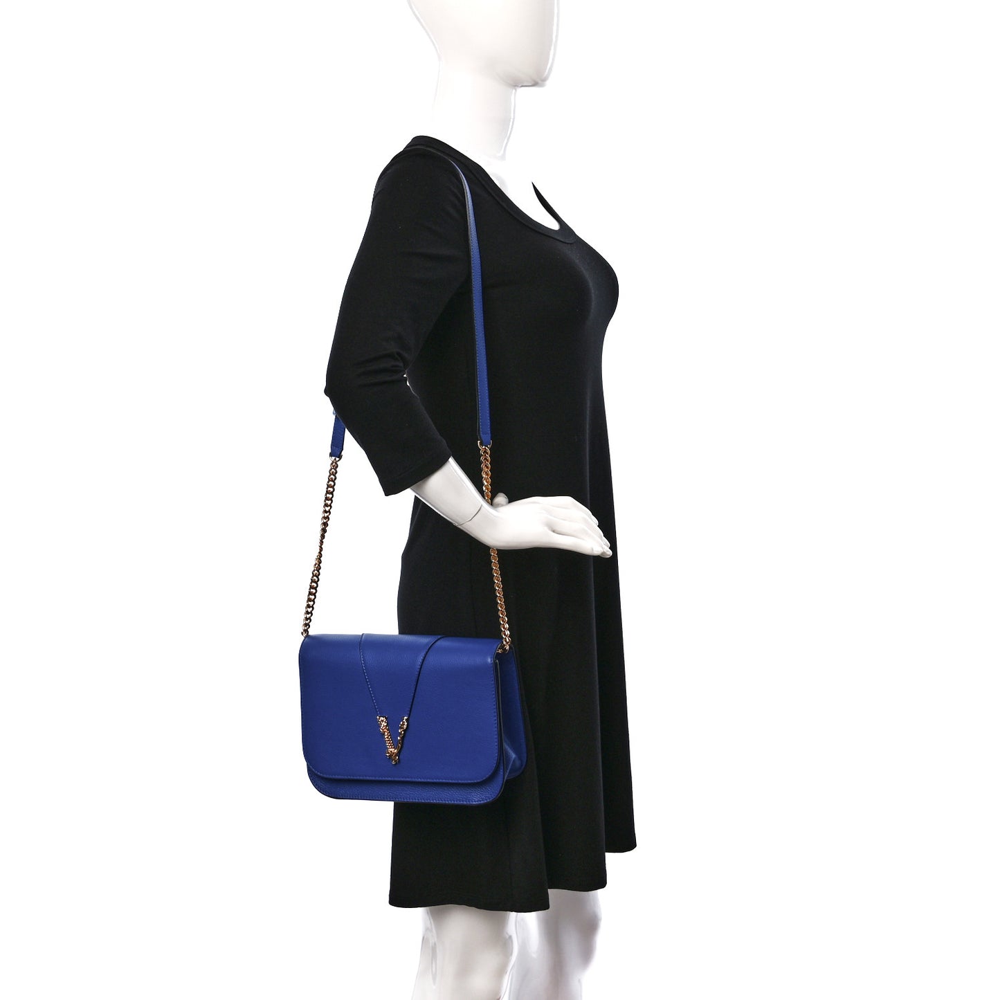 Grainy Calfskin Virtus Chain Crossbody Blue