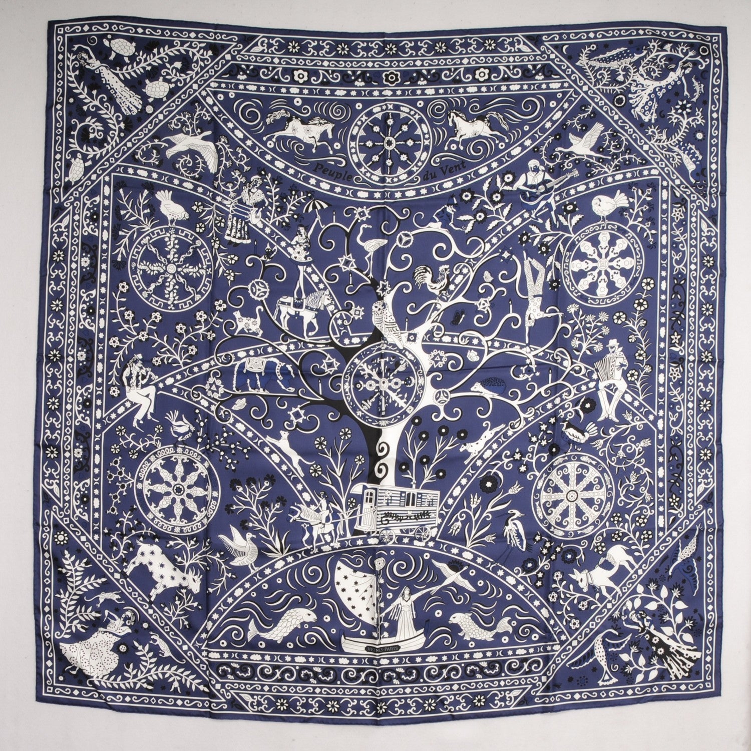 Hermes Silk Twill Peuple Du Vent Scarf 140 Marine Noir Blanc 2 of 6