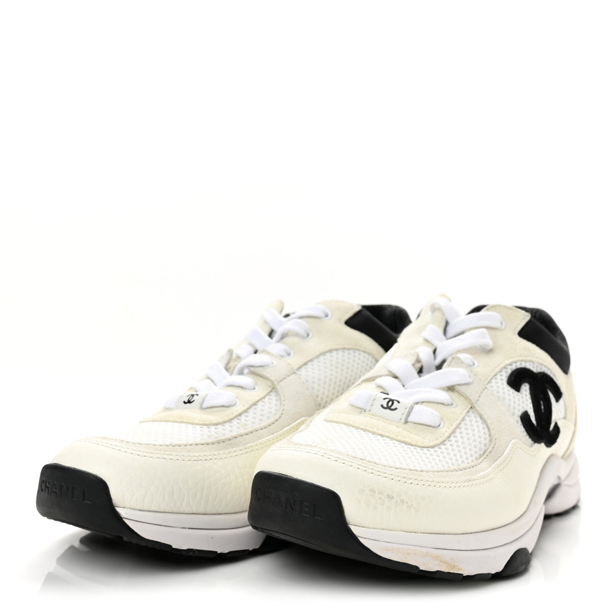 Chanel Mesh Suede Calfskin Grained Calfskin Womens CC Sneakers 38.5 White Black 4 of 8