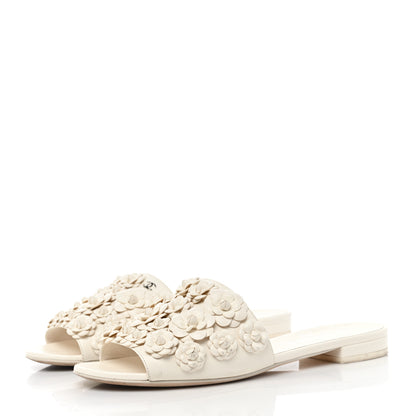 Chanel Lambskin Camellia Slide Sandals 38 White 3 of 9