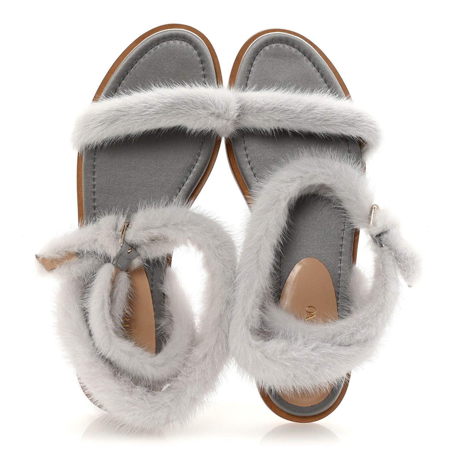 Valentino Garavani Mink Fur Ankle Wrap Flat Sandals 40.5 Grigio Perla 2 of 9