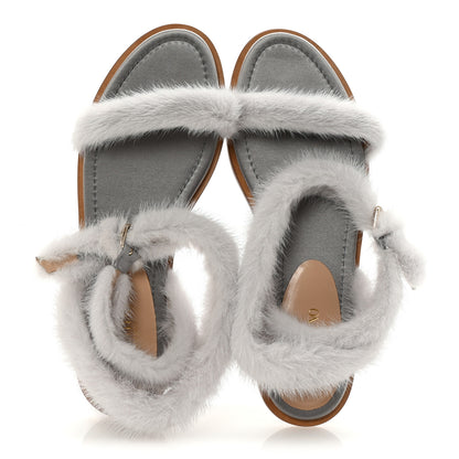 Valentino Garavani Mink Fur Ankle Wrap Flat Sandals 40.5 Grigio Perla 2 of 9