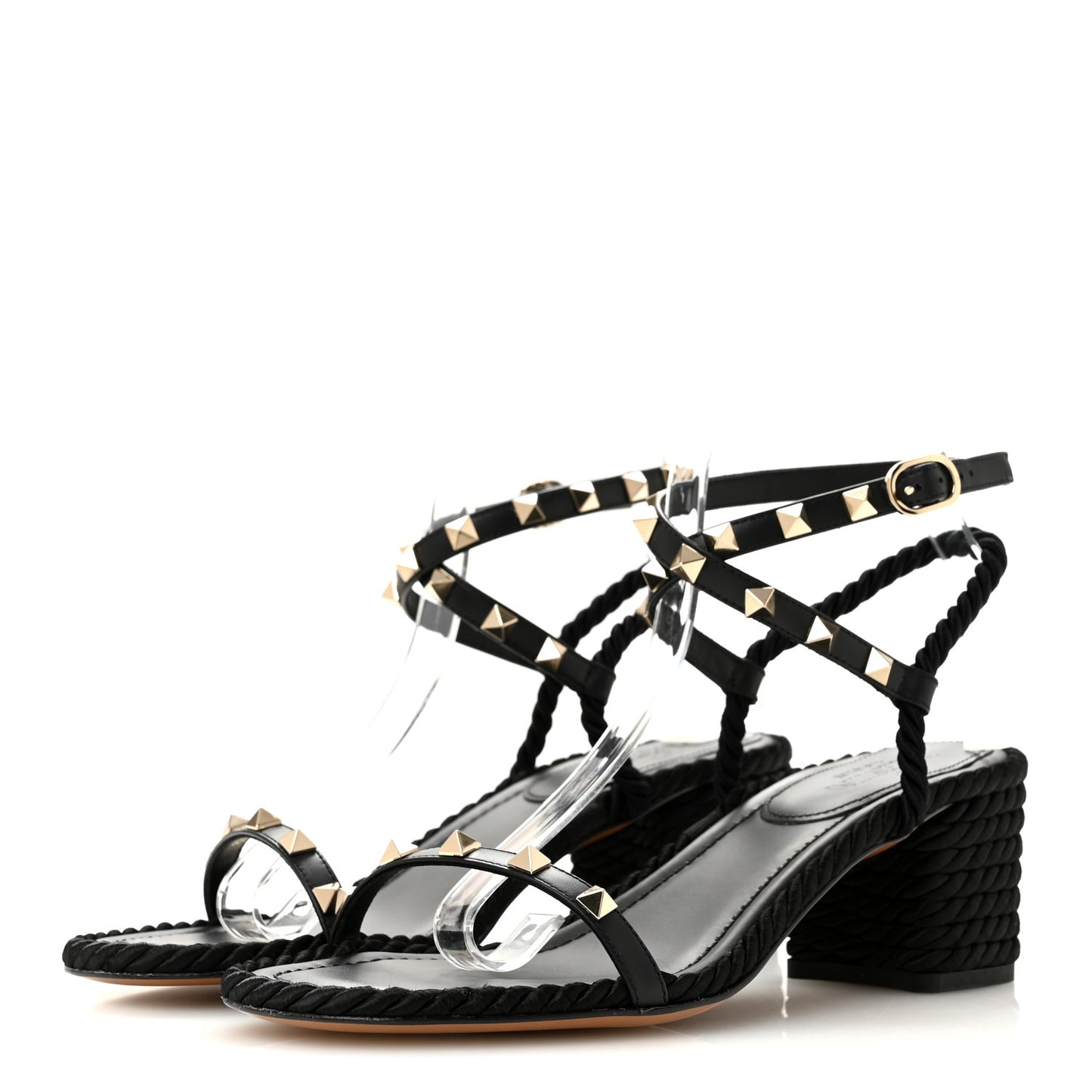 Calfskin Rockstud Torchon Rope 65mm Sandals 39 Black