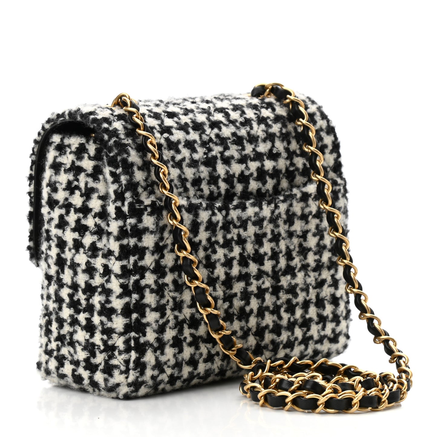Tweed Houndstooth Quilted Mini Square Flap White Black