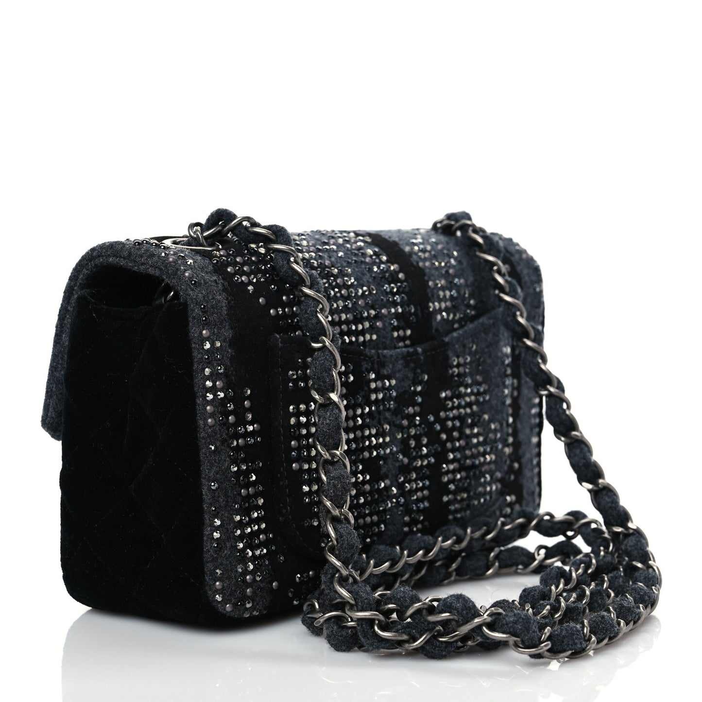 Wool Velvet Crystal Studded Mini Rectangular Flap Grey Black